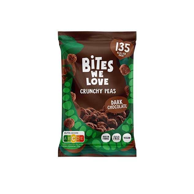 BitesWeLove Crunchy Peas - krõbedad rohelised herned tumedas šokolaadis. Tevislik, vegan ja kiudaineterikas snäkk