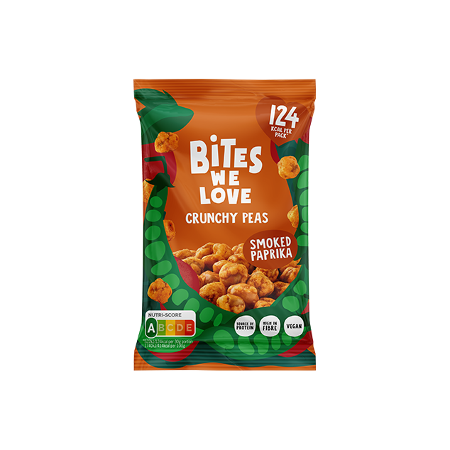BitesWeLove Crunchy Peas - krõbedad paprikamaitselised rohelised herned. Tevislik, vegan ja kiudaineterikas snäkk