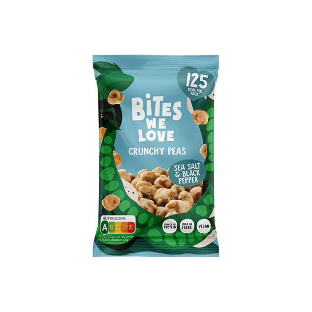 BitesWeLove Crunchy Peas - krõbedad rohelised herned meresoola ja pipraga. Tevislik, vegan ja kiudaineterikas snäkk