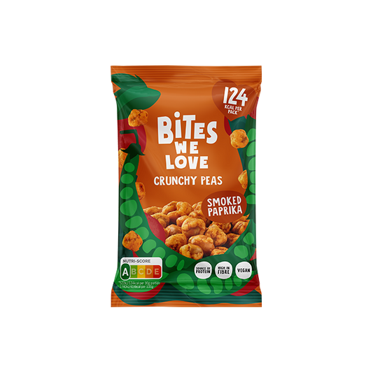 BitesWeLove Crunchy Peas - krõbedad paprikamaitselised rohelised herned. Tevislik, vegan ja kiudaineterikas snäkk